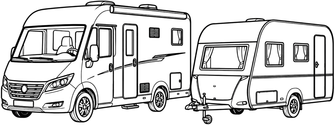 Strichzeichnung eines Wohnmobils mit angehängtem Wohnwagen